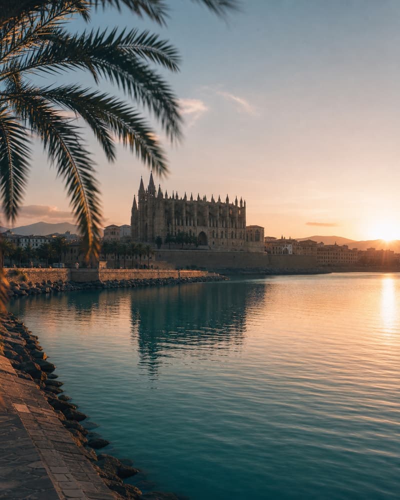 Palma de Mallorca in goldener Abendsonne, Kathedrale am ruhigen Hafen